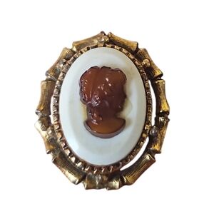 Vintage Elegant 1960s cameo brooch with a root beer glass cameo